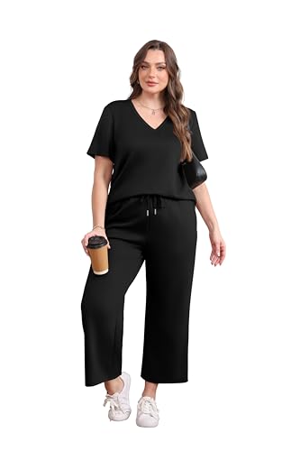 Image of WIHOLL 2 Piece Sets for Women Summer Lounge Set Wide Leg Pants Matching Set Vacation Travel Outfits Beach Clothing