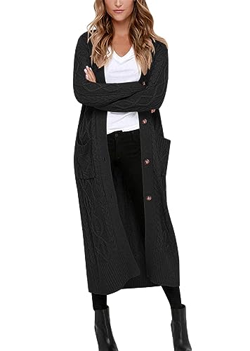Danedvi Women's Long Cardigans Long Sleeve Cable Knit Button Down Open Front Chunky Knit Sweaters Coats with Pockets