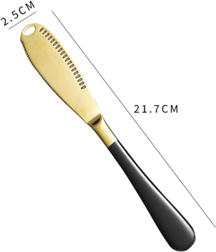 Image of Butter Spreader Knife, Stainless Steel, 3 in 1 Kitchen Gadgets, Curler, Butter Grater, Shredding Slots and with Serrated Edge Knife with Hole (Gold-Black, Set of 1)