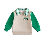 Toddler Boys St Patricks Day Clothes Long Sleeve Tractor Clover Embroidery Sweatshirt Plaid Collared Zipper Shirt (Khaki, 2-3 Years)