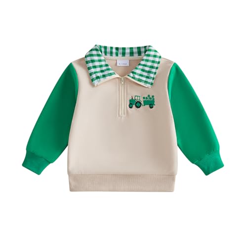 Toddler Boys St Patricks Day Clothes Long Sleeve Tractor Clover Embroidery Sweatshirt Plaid Collared Zipper Shirt (Khaki, 2-3 Years)