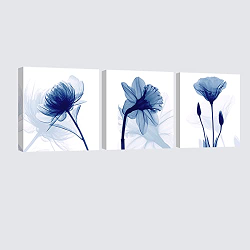 Wieco Art Blue Abstract Flowers 3 Panels Giclee Canvas Prints Wall Art