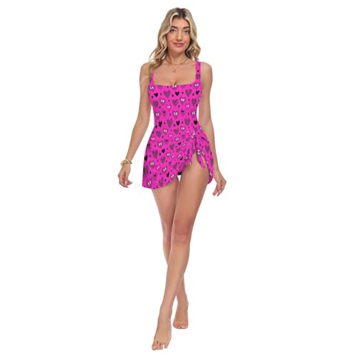 Maillot de bain une pièce femme avec jupe détachable rose cœur léopard taille haute gainant