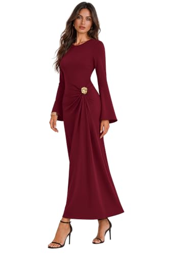 Sipaya Red Maxi Bodycon Dresses for Women Wedding Guest Formal Business Casual Long Sleeve Cocktail Outfits Midi Fall Fashion Winter Clothing Funeral L - image 4