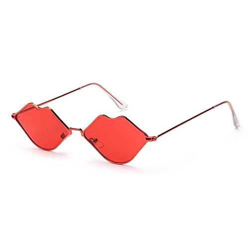 Sexy Lips Shape Irregular Sunglasses,Retro Glasses,Small Frame Metal Lips Sunglasses(F,Red-Red)