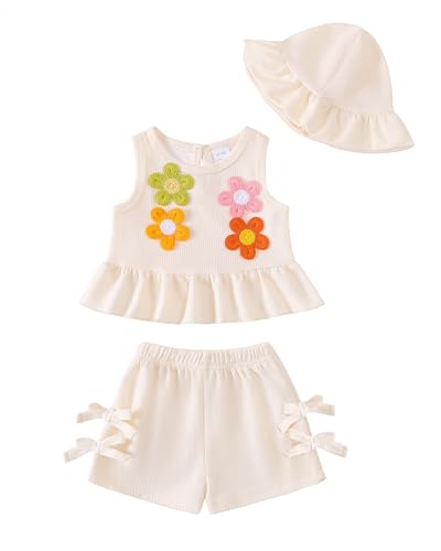 SODLON Baby Girl Clothes 12 18 Months Infant Girl Clothes Ruffle Sleeveless Beige Floral Tank Top Bow Shorts Sets with Hat Cute Casual Vacation Summer Outfits Clothing