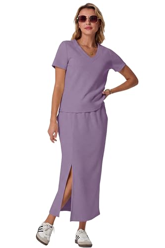 Image of GRECERELLE Women Summer Casual 2 Piece Sets V-Neck Wrinkle-Free Top & Elastic Waist Midi Side Slit Skirt with Pockets