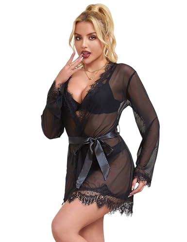 ohyeahlady Kimono Damen Sexy Mesh Robe Transparent Morgenmantel Große Größen Reizwäsche Nachthemd Spitze Dessous Set Bademantel Bikini Cover Up...