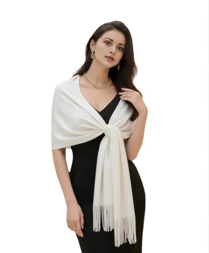 LA FERANI Damen Kaschmir Schal dünn leicht Herbst Winter 185x65 Kaschmirschal Damenschal Stola Weiß geschmeidig stilvoll elegant einfarbig Uni Farbe (Weiss)