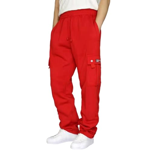 Cargo Sweatpants for Men Fleece Sweat Pants Straight Leg Elastic Waist Pants Casual Jogger Trousers with Pockets