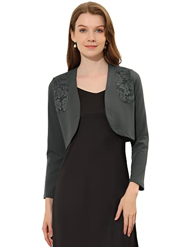 Image of Allegra K Women's Elegant Bolero Shrugs Lace Insert Business Office Open Front Crop Cardigan Medium Dark Grey