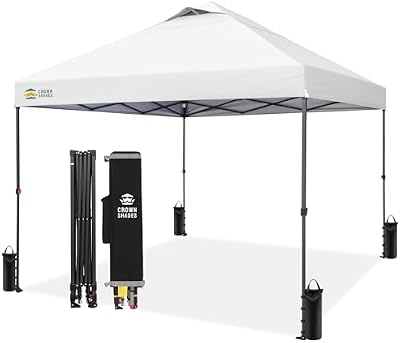 CROWN SHADES 10x10 Pop Up Canopy - Patented Center Lock One Push Instant Outdoor Canopy Beach Tent with STO-N-Go Bag 8 Stakes & 4 Sand Bags，White