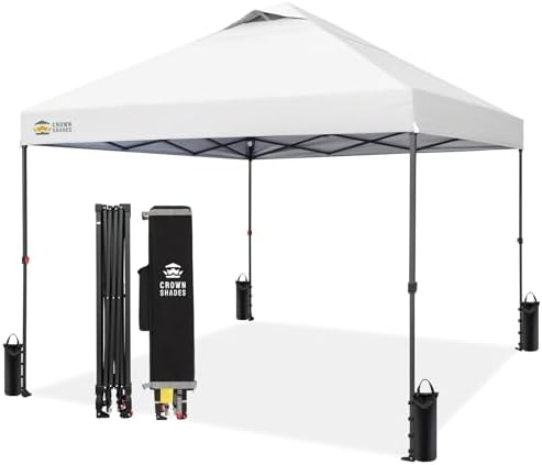 CROWN SHADES 10x10 Pop Up Canopy - Patented Center Lock One Push Instant Outdoor Canopy Beach Tent with STO-N-Go Bag 8 Stakes & 4 Sand Bags，White
