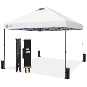 CROWN SHADES 10×10 Pop Up Canopy – Patented Center Lock One Push Instant Outdoor Canopy Beach Tent with STO-N-Go Bag 8 Stakes & 4 Sand Bags，White