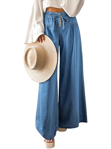 ebossy Womens Button Wide Leg Jeans Elastic Waist Casual Baggy Loose Palazzo Denim Pants with Drawstring2