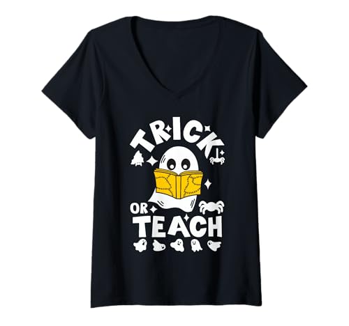 Femme Trick Or Teach Chauve-Souris rétro Halloween Ghost Teacher Groovy Fall T-Shirt avec Col en V