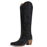 VOZTOLLS Women Cowboy Boots Knee High Western Cowgirl Boots Snip Toe Chunky Heel Pull On Retro Fashion Floral Embroidered Country Tall Boot for Ladies Black Size 7
