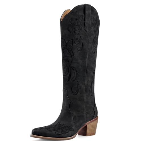 VOZTOLLS Knee High Cowboy Boots for Women Cowgirl Western Boots Black 8