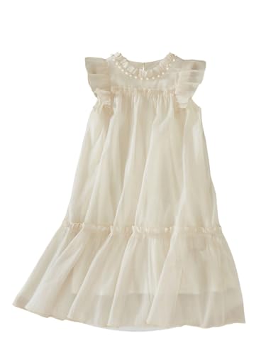 Girls' Elegant Mesh Ruffle A Line Dresses Cap Sleeve Beaded Stand Collar Summer Dress