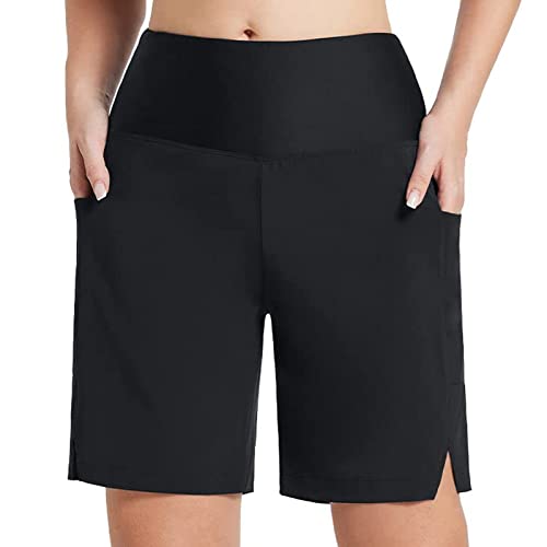 Pantalones cortos de natación para mujer con bolsillos, control de abdomen, cintura alta, pantalones cortos básicos de secado rápido, cobertura completa, pantalones cortos de surf, ropa de playa retro