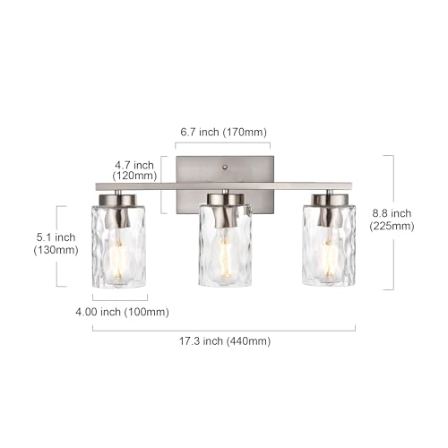 Image of Bathroom Light Fixture Over Mirror 3 Light Farmhouse Vanity Lights for Bathroom Modern Brushed Nickel Sconces Wall Lighting Flush Mount Fixtures with Clear Hammered Shade, E26 Socket