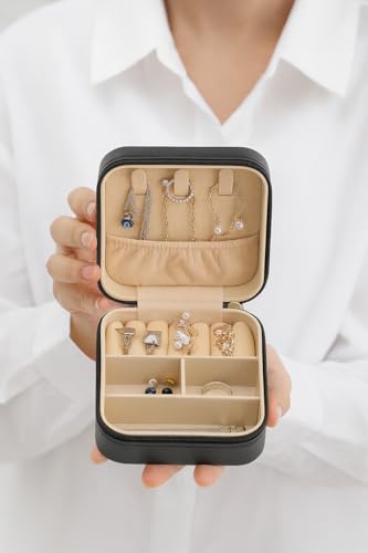 Image of INOVERA (LABEL) Stylish Jewellery Organiser Box for Womens & Girls -Small Portable Travel Case for Storing Rings, Earrings, Necklace with Zipper (Black)