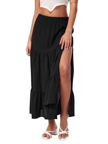 CIDER Midi Skirts for Women Split Hem Elastic High Waistd Boho Flowy Long Maxi Skirts