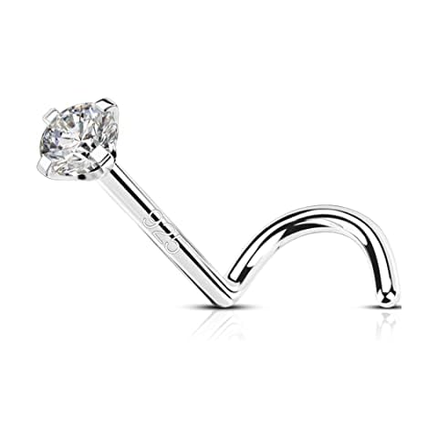 OUFER 925 Sterling Silver Nose Stud, Bone L Screw Shaped Nose Rings, 20G Nostril Solid 2mm Round CZ Nose Piercing Jewelry for Women Men Cover