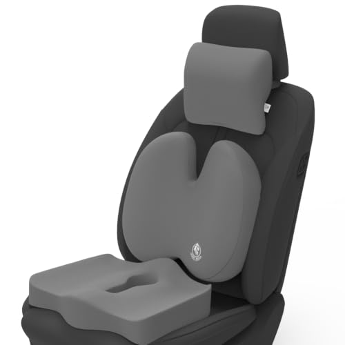 Image of MRRON Memory Foam Posture Corrector Car Seat Cushions Combo | Orthopedic Backrest, Coccyx Cushion & Neckrest | Ergonomic Lumbar Comfort Seat Cushion | Reduces Sciatica, (Grey, Backpro)