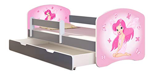 ACMA Kinderbett Jugendbett mit Einer Schublade und Matratze Grau mit Rausfallschutz Lattenrost II (07 Rosa Fee, 180x80 + Bettkasten)