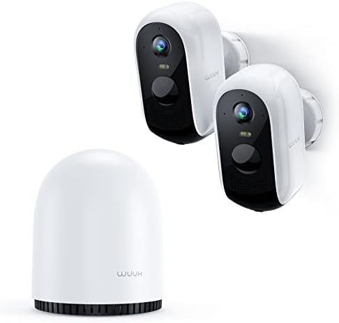 WUUK 2 Cameras for Home Security Outdoor Wireless WiFi, 2K Battery Powered Outdoor Wireless Security Camera with Base Station, No Monthly Fee, IP67, Free 32GB Local Storage, Google & Alexa Compatible