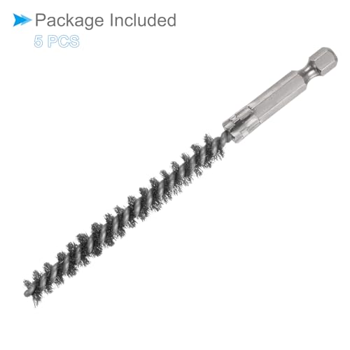 Image of Bore Brush, 8mm Dia 4.5 inch Length, Stainless Steel Cleaning Wire Brushes with 1 /4 Inch Hex Shank - (Applications: for Power Drill, Die Grinder), 5-Pieces