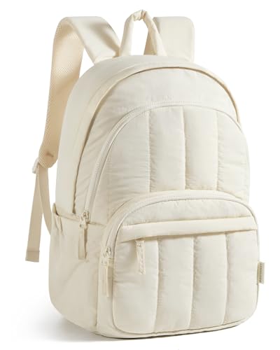 BAGSMART Womens Backpack Travel Laptop Backpack for Women Quilted College Laptop Bookbag Work Back Pack for Women Cute Computer Water-Resistant Casual Daypack Puffer Beige