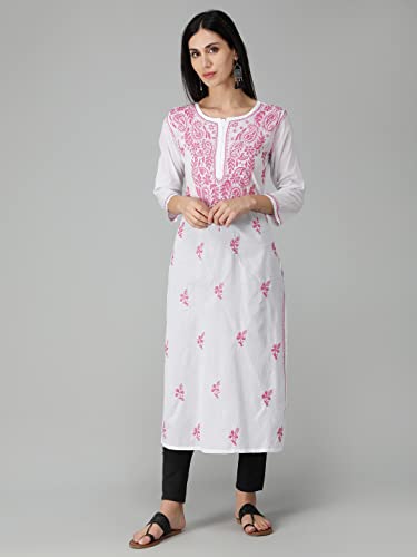 Image of Seva Chikan Hand Embroidered Lucknowi Chikankari Regular Straight Cotton Kurta Kurti for Women SCL4243