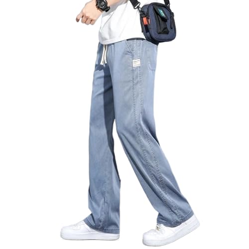 Summer Men's Jeans Thin Loose Straight Pants Drawstring Elastic Waist Casual Trousers