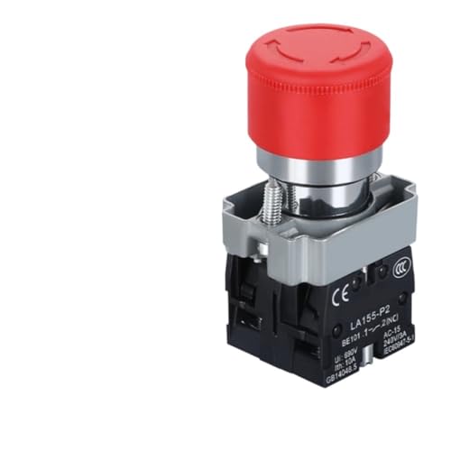 CZKE 1pcs 220V 12V 24V Red Mushroom Cap Emergency Stop Button 22mm 16mm Push Button Switch Momentary Latching 690V10A Switch on Off Switch(BS445 1NO 1NC)