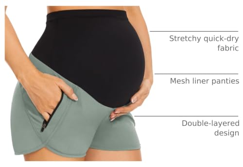 Image of PACBREEZE Women's Maternity Shorts Over Belly Quick Dry Workout Athletic Running Shorts with Zipper Pockets