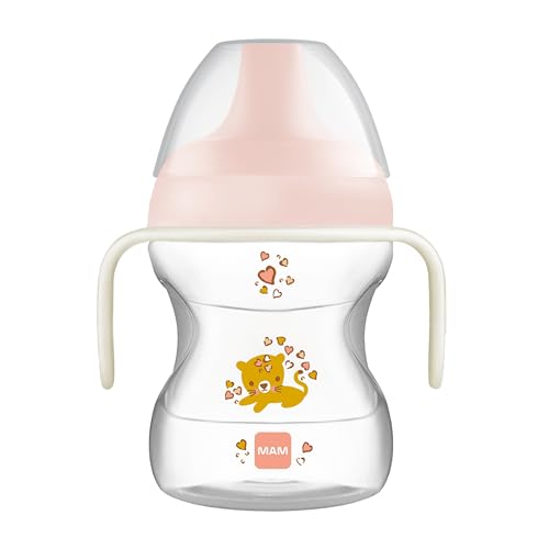 MAM Taza para aprender beber | Vaso de bebida para niños pequeños de 190 ml con asas de biberón que brillan en la oscuridad | para alimentar y aprender a beber | Rosa (varios diseños)