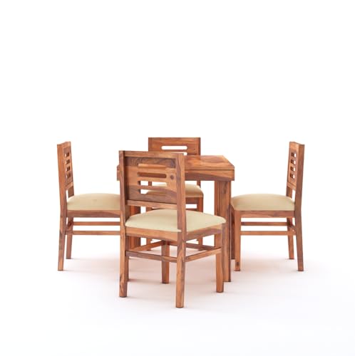Image of SONA Art & Crafts Capsule Solid Sheesham Wood Dining Table Set of 4 Seater Dinner Dinning Table with 4 Cushioned Chair for Dining Furniture for Living Room Home Hotel Office Honey Finish (Caps-D1-4S)