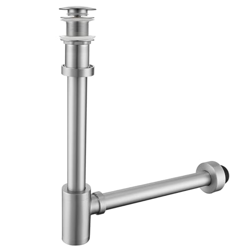 Brass Round Bottle P-Trap with Pop Up Drain Stopper,1 1/4 Adjustable Basin Sink Waste Drain Trap Kit Without Overflow,Brushed Nickel P Trap
