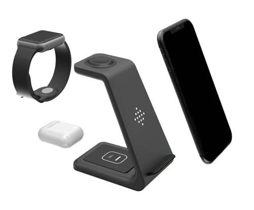 T Teclusive 20W Fast 3 in 1 Wireless Charger Compatible for iPhone iWatch Airpod | Certified Qi Multi Wireless Charging Stand for 13 12 11 iWatch Series 7 6 Se 5 Airpod 2 3 Pro (with 18W Adapter)