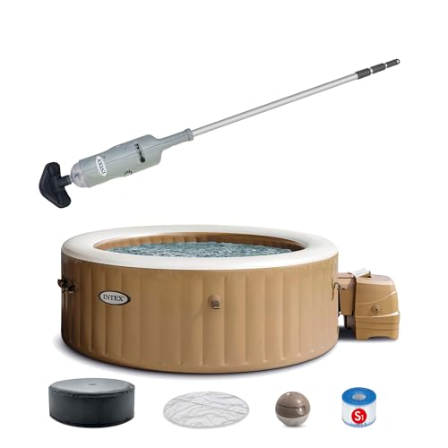Intex Rechargeable Handheld above Ground Pool Vacuum Cleaner with 2 Brush Heads and PureSpa 4 Person Bubble Massage Inflatable Hot Tub Spa, Sahara Tan