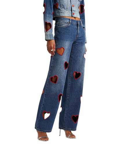 Jeans for Women Y2k Trendy High Waisted Heart Hollow Straight Leg Denim Jeans