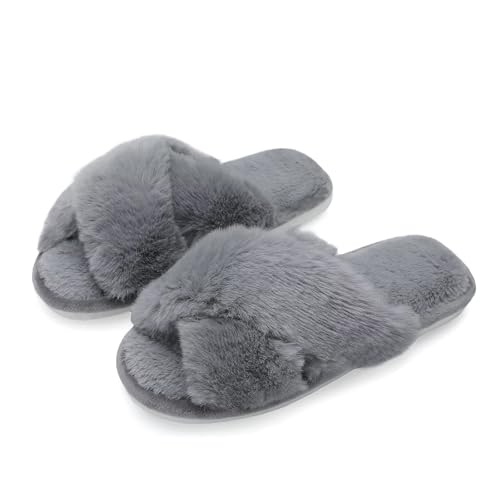 Women's Fluffy Slippers Cross Band Bedroom Slippers with Memory Foam Fuzzy House Open Toe Shoes Comfy Indoor Outdoor Anti-Skid Sole