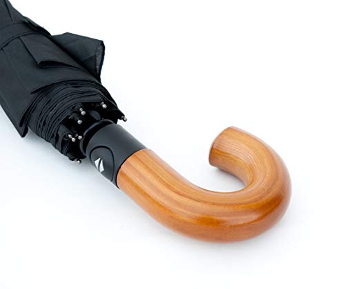 Topline Classic Compact Portable Black Travel Umbrella - Light Wood J-Hook Handle - Image 4