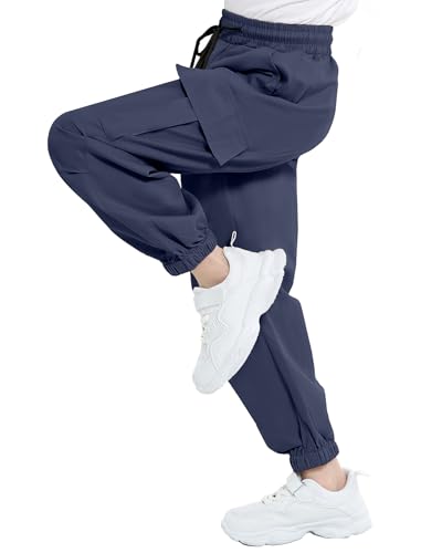 Image of JiAmy Girls Cargo Pants Elastic High Waist Drawstring Pants Jogger Trousers Casual Loose with Pockets 6-14Y
