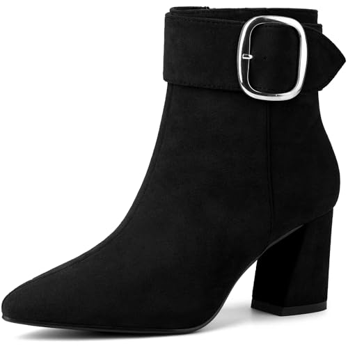 Perphy Square Buckle Chunky Heels Pointed Toe Ankle Boots for Women