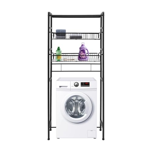WOQLIBE Over Washer and Dryer Shelves, 3 Tier Laundry Room Drying Rack with Hanger Rod and Hooks Space Saver Clothes Drying Rack Metal Freestanding Clothes Organizer,27.76
