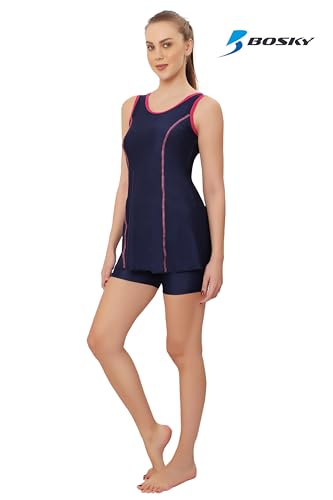 Image of BOSKY Women Frock Style One Piece Swimming Costume Stretchable Swimwear Ladies Swimsuit Flexible Fit Sleeveless Swim Dress Suit Set