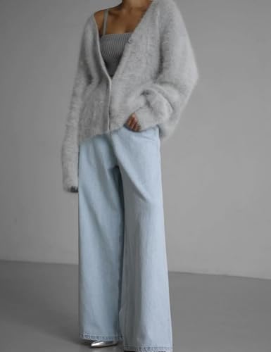 Image of COZYPOIN Womens Fuzzy Cardigan Sweater V Neck Button Down Soft Knit Coat | Loose, Comfy, Slouchy Drop Shoulder, Long Sleeve Fluffy Mohair, Warm, For Daily Work Holiday, Spring Fall Winter Fashion
